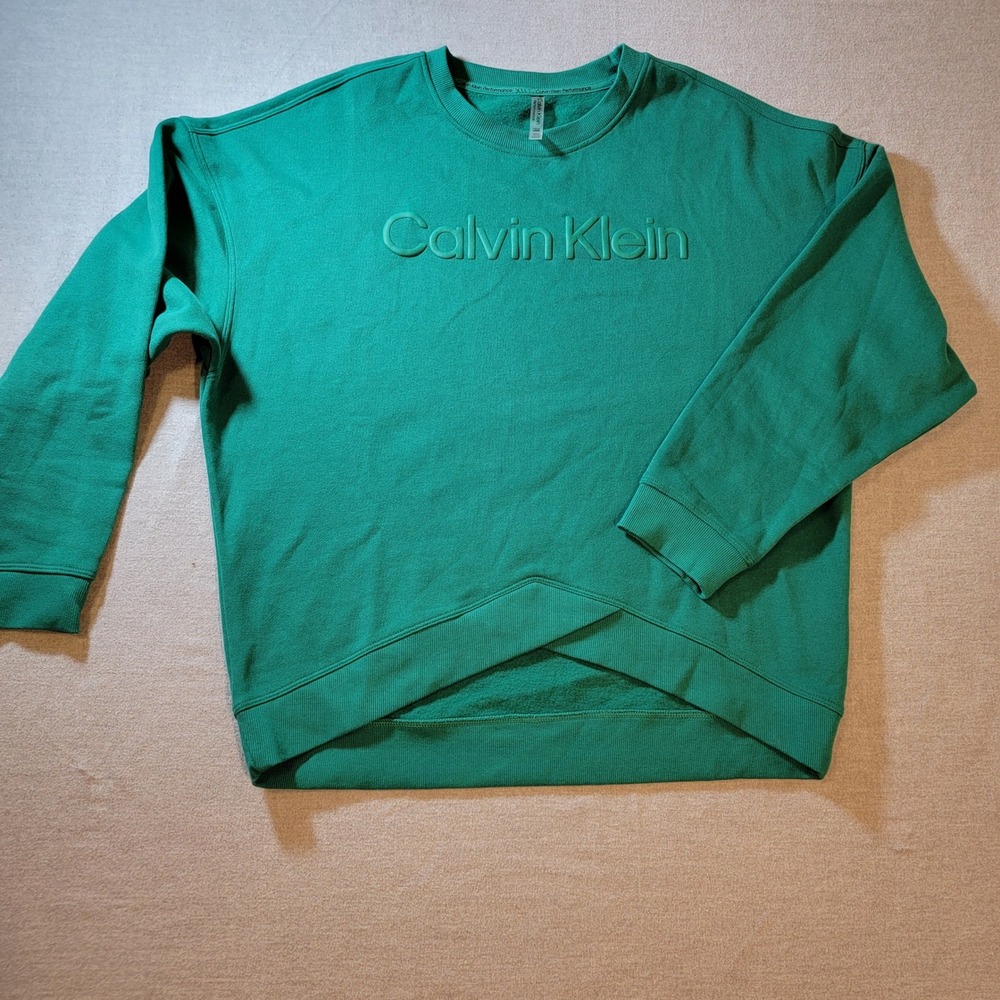Calvin Klein Sweatshirt Women Large Green Excellent Embossed Logo Tulip Hem